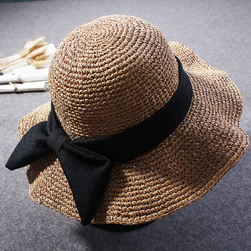 草帽女青年夏天出游度假沙滩帽可折叠遮阳帽韩国蝴蝶结草编大沿帽