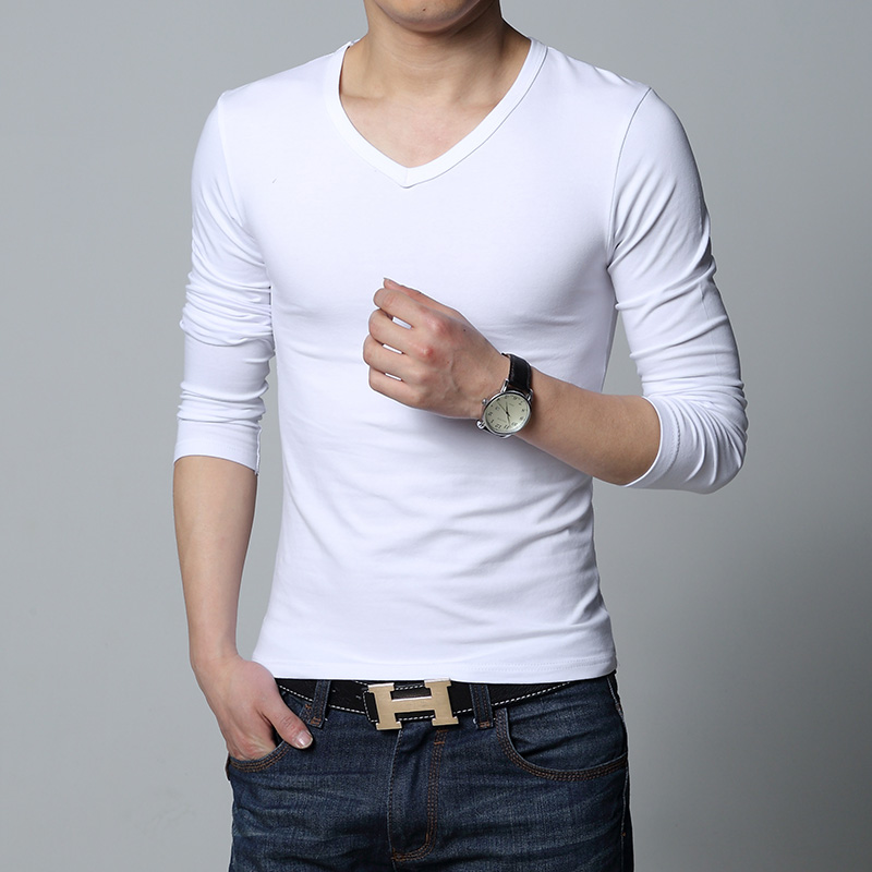 2016秋季男士长袖T恤纯色V领打底衫韩版简约全棉体恤青年男装上衣