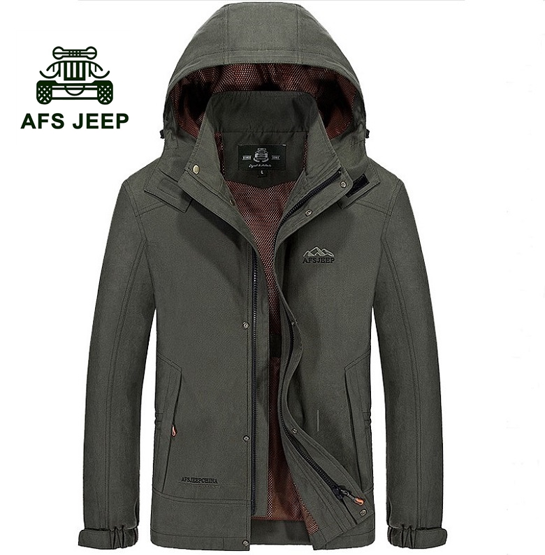 Afs Jeep连帽秋季冲锋衣宽松休闲中年男士薄款大码外套夹克爸爸装