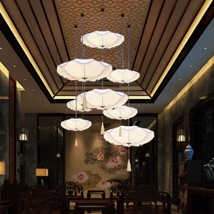 新中式荷叶吊灯个性手绘布艺灯笼餐厅火锅店茶楼东南亚风过道吊灯