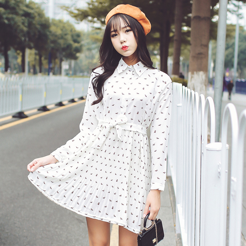 春季新款女装韩版学院风雪纺长袖绑带甜美连衣裙显瘦