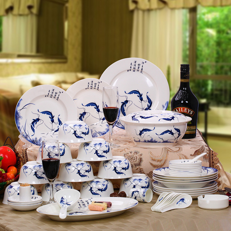 景德镇家用盘碗陶瓷56头整套装青花玲珑釉中下彩健康骨瓷餐具套装