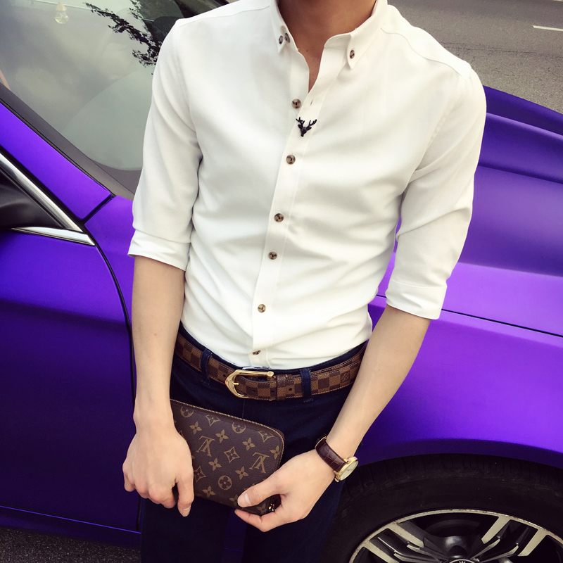 夏季衬衫男短袖五分袖 韩版潮时尚修身型男士发型师中袖衬衣英伦