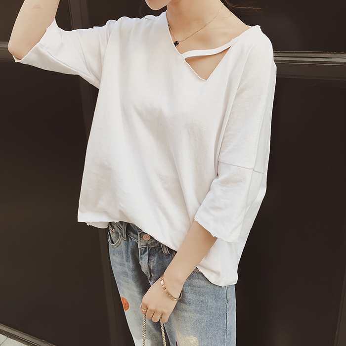夏装新款韩版简约百搭纯色纯棉七分袖T恤学生宽松半中白色上衣女