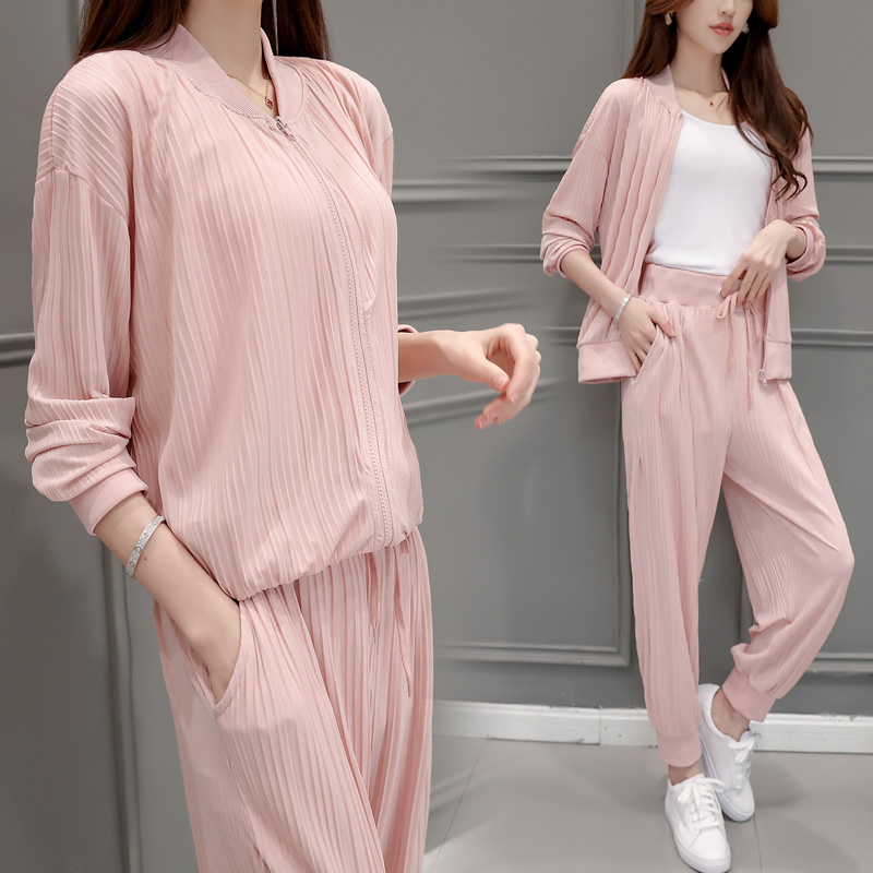 2016夏装新款韩版运动外套+松紧裤休闲时尚两件套显瘦粉色套装女