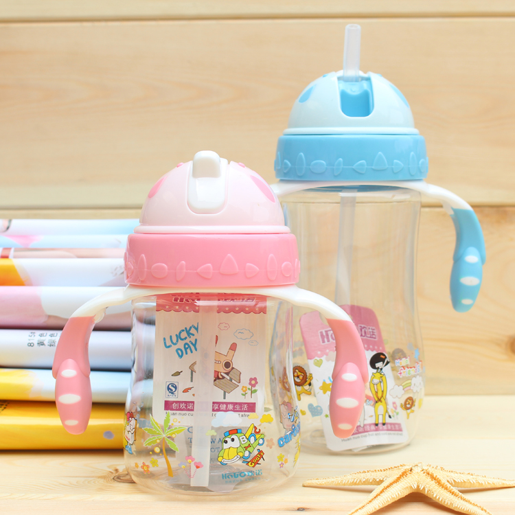 新品吸管杯欢诺宝宝儿童带盖塑料可爱吸水杯时尚水杯带把手柄包邮