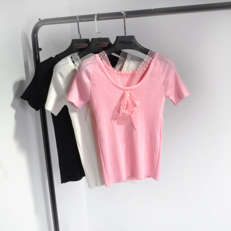 A1韩版2017夏镂空圆领纯色领口蕾丝系带短袖套头T恤针织衫女