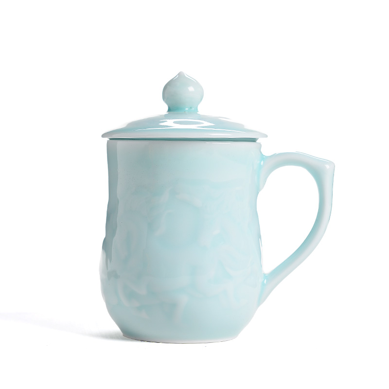 龙泉青瓷茶水杯 浮雕骏马麒麟养生茶杯带盖 个人办公养生茶杯陶瓷