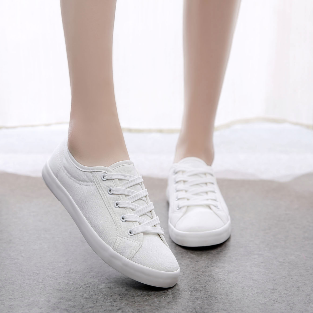 低帮白色帆布鞋女春夏韩版文艺范小白鞋女平底跟学生系带休闲单鞋