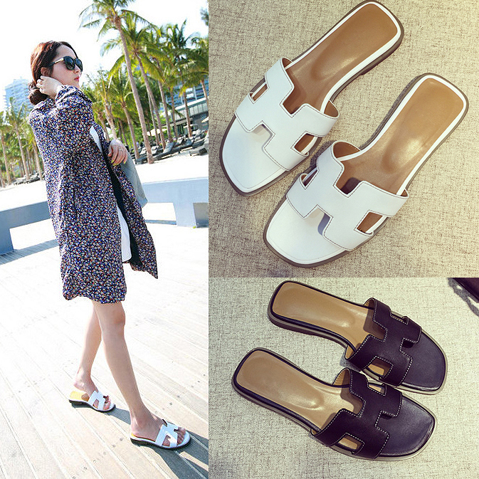 新款h拖鞋女夏韩版时尚平底真皮一字拖平跟凉拖鞋女士沙滩鞋室外