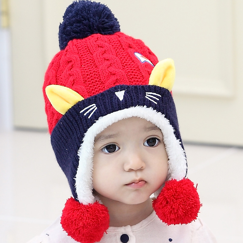 韩版宝宝套头帽 造型加绒毛线小猫咪 婴儿帽子秋冬季新款儿童帽子