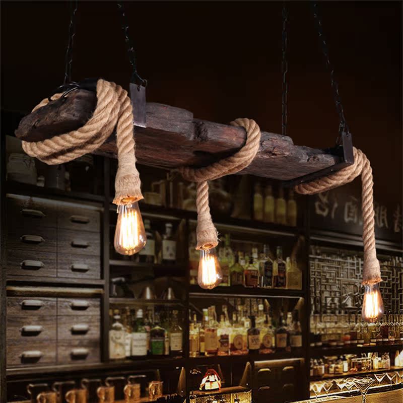 LOFT个性实木美式复古酒吧清吧网咖啡馆装饰麻绳船木雕刻茶室吊灯