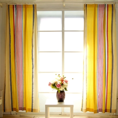日式风格窗帘布艺红黄条纹纯棉布窗帘 环保定制卧室客厅宜家窗帘