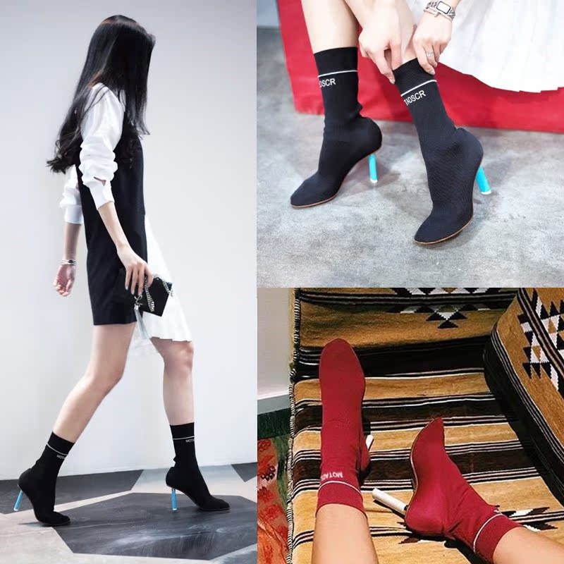 2016年秋季袁珊珊明星同款打火机跟靴弹力女靴高跟靴中筒短靴女潮