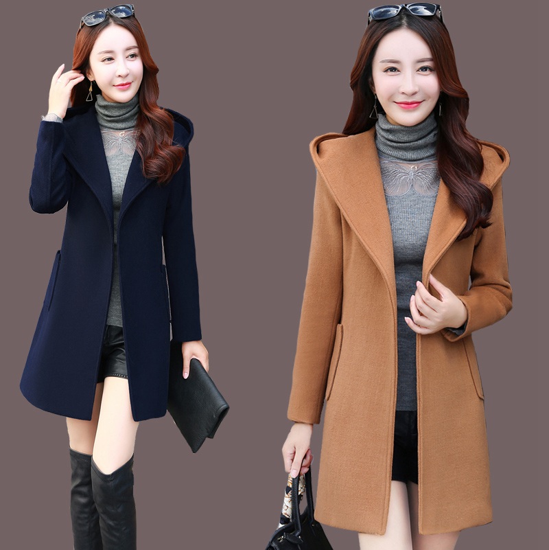毛呢外套女中长款2016新品韩版修身长袖带帽冬装学院风潮
