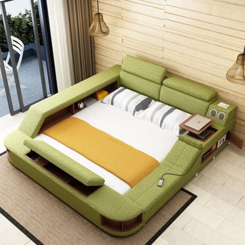 简约现代布床榻榻米多功能按摩储物床布艺床双人床1.8米主卧大床