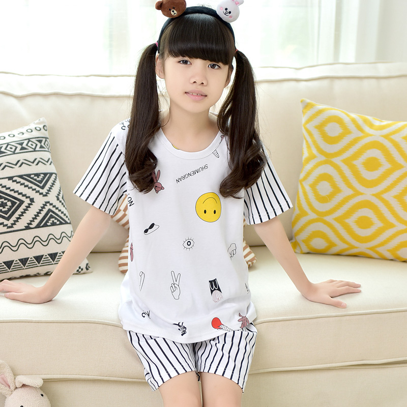 儿童睡衣女童夏季纯棉短袖套装薄款套头韩版小孩卡通家居服中大童