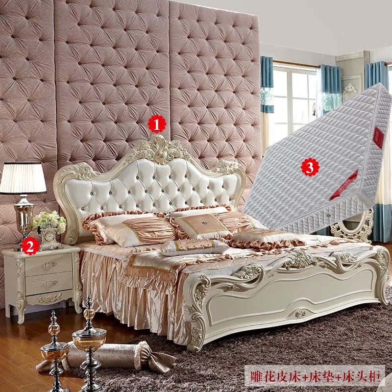 皮床欧式卧室双人床实木雕花简约现代皮艺床1.8米婚床简欧真皮床