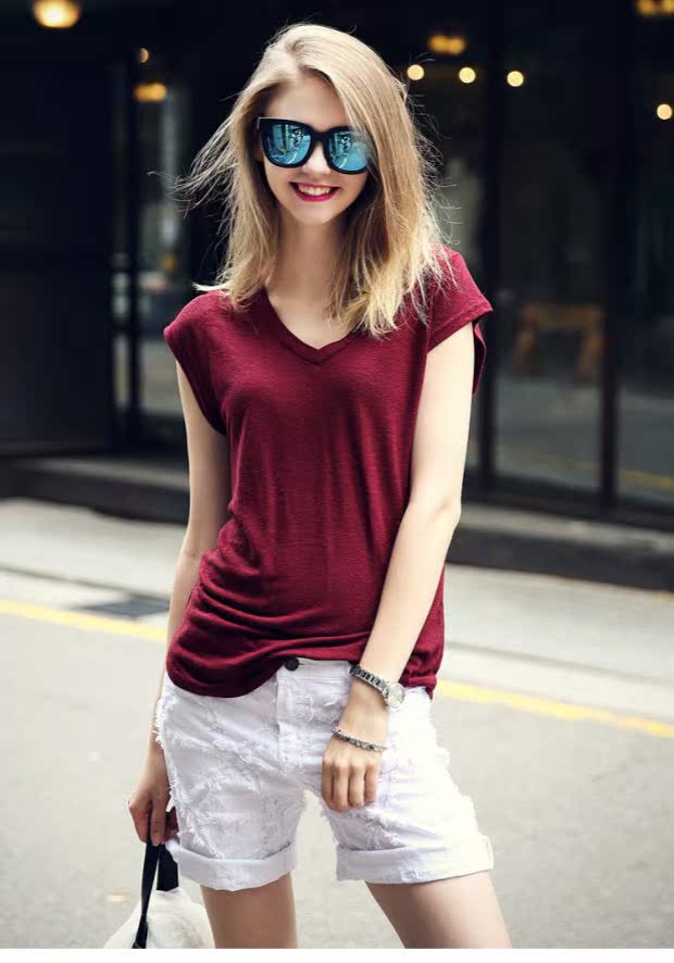 2016夏季新款V领竹节棉修身短袖套头t恤酒红色简约时尚打底女