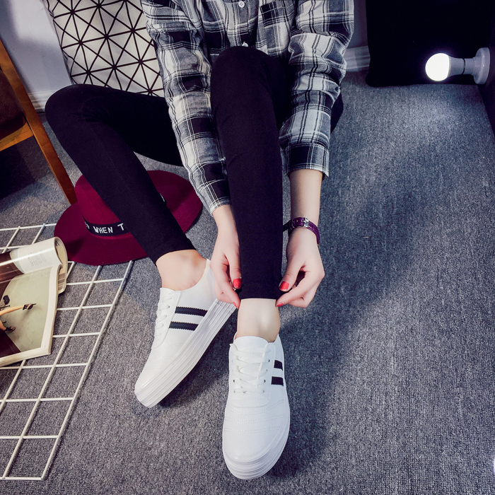 韩国EXO春夏运动休闲学院风单鞋低帮厚底系带小白鞋韩版简约皮女
