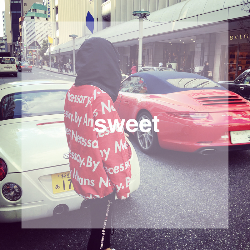 2016年春秋新款韩版中长款宽松连帽薄款套头女短外套红色字母夹克