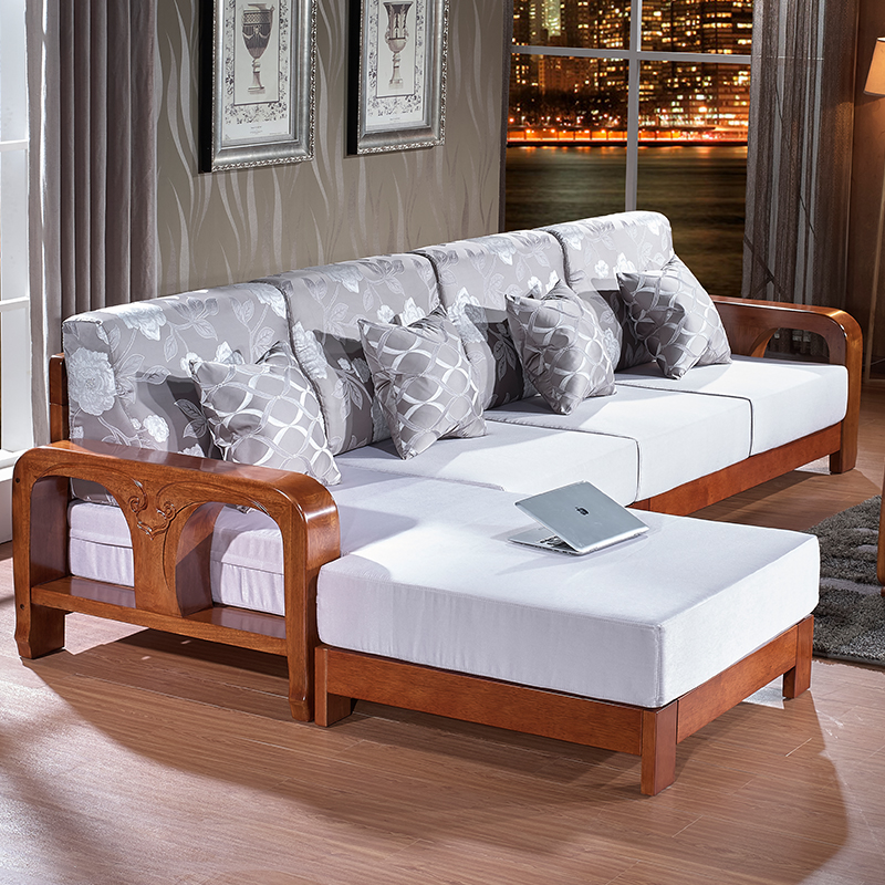 纯胡桃木全实木沙发组合转角贵妃L型 客厅家具 框架布艺沙发
