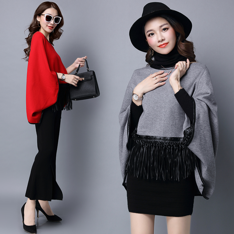 2016韩版套头流苏针织衫 女装秋冬蝙蝠型上衣宽松披风披肩斗篷