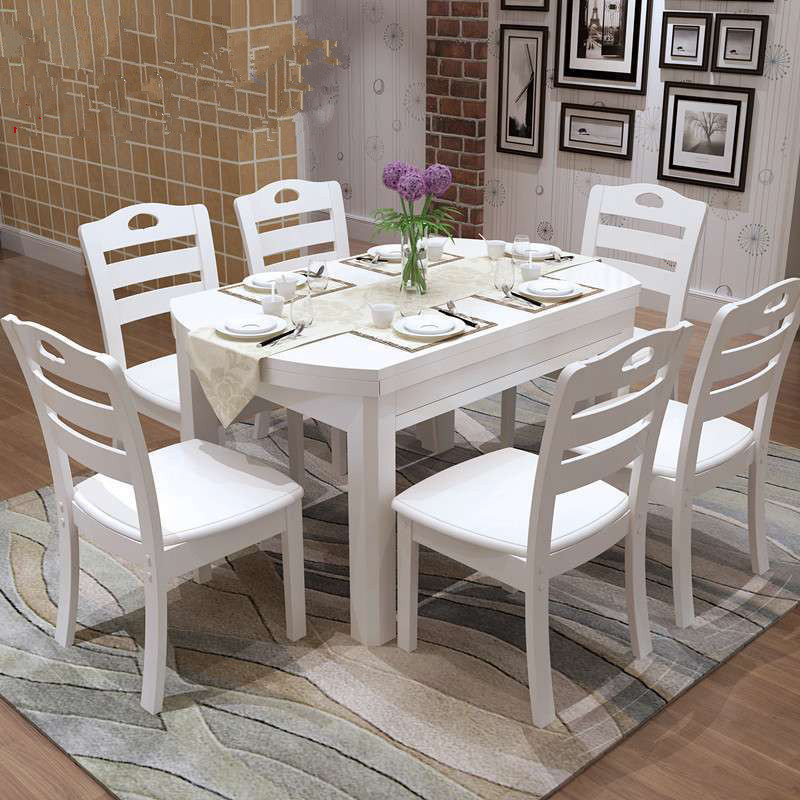 现代简约餐桌椅 实木餐桌伸缩 小户型折叠餐桌 6人餐桌椅组合圆桌