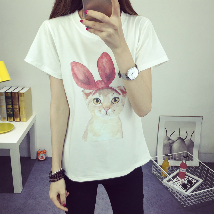 夏季新款女士可爱猫咪图案个性蝴蝶结头饰修身T恤