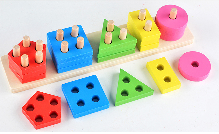 包邮巧之木木制玩具形状手眼协调训练宝宝益智几何形状五套柱积木