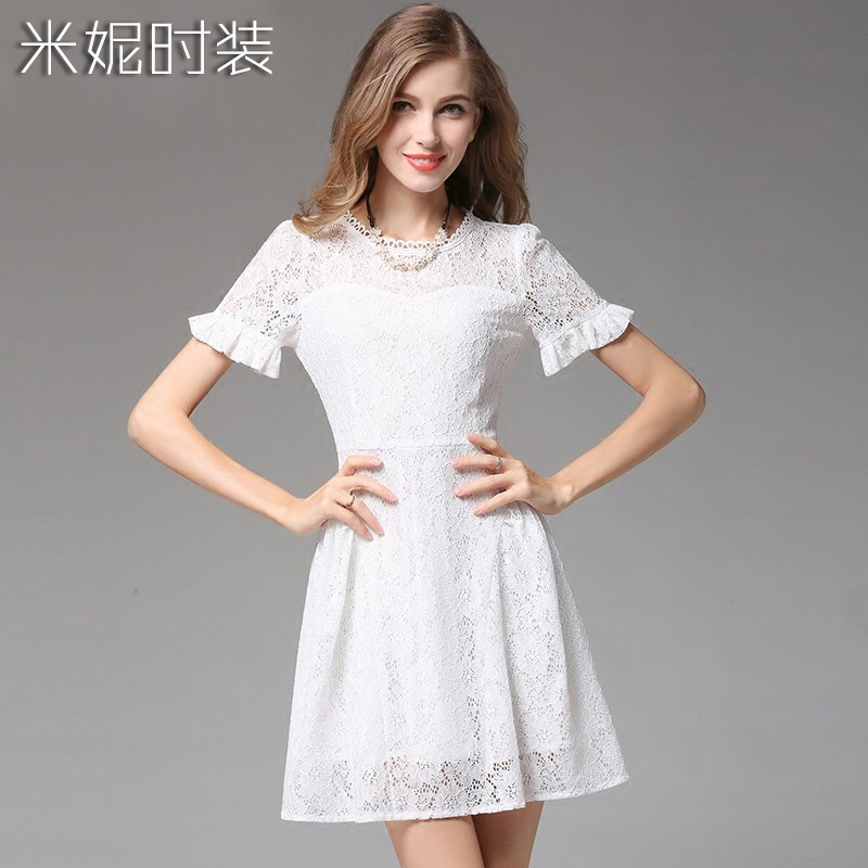 裙子夏季2016新款韩版女装修身白色气质名媛小清新A字蕾丝连衣裙