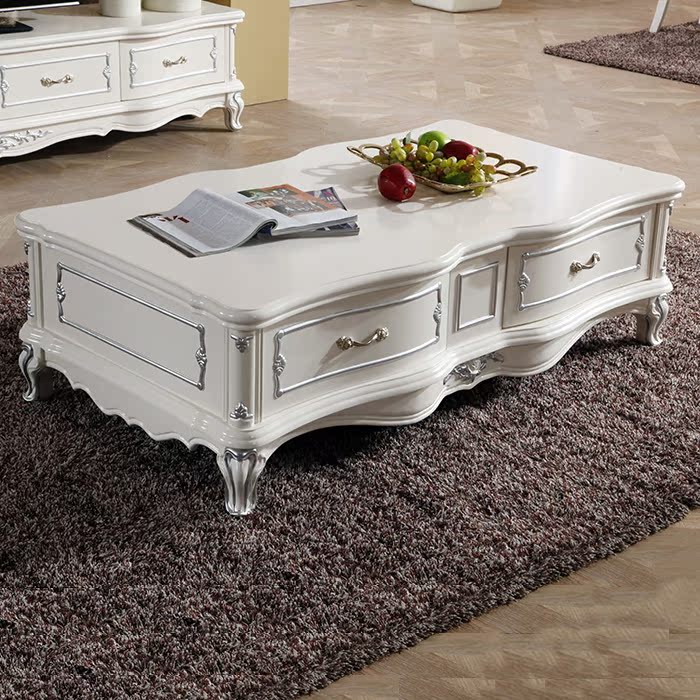 简约欧式象牙白色实木烤漆雕花茶几桌台组合1.4米小户型客厅特价