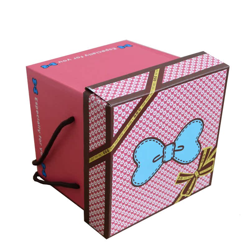 蓝色蝴蝶结粉色方盒，儿童礼物盒手提覆膜礼品盒情侣礼物收纳盒