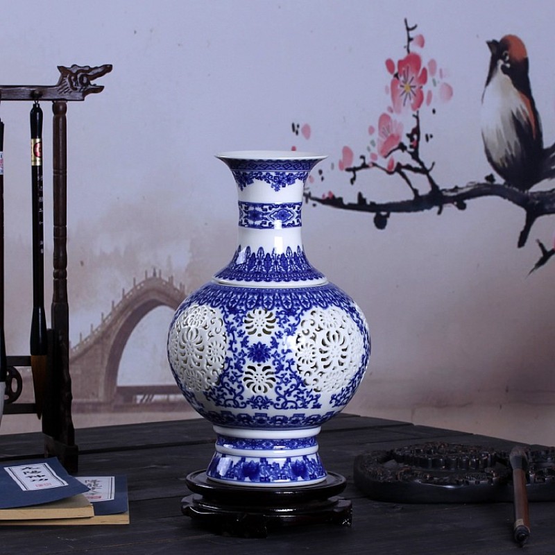景德镇陶瓷器 青花瓷玲珑镂空花瓶 客厅手工双层工艺装饰品摆件