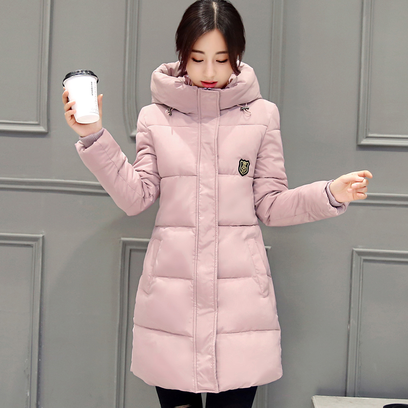 2016冬季新款时尚韩版女装拉链修身显瘦连帽中长款棉衣外套棉服