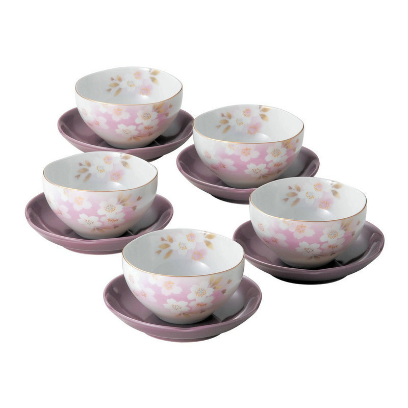 【现货包邮】日本AITO美浓烧陶瓷樱花茶水杯茶杯礼盒茶具5件套装