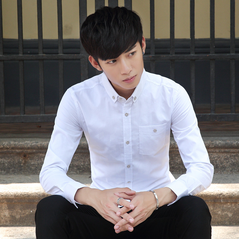 丝光棉男士长袖衬衫韩版修身型青年白衬衣薄款商务休闲夏季纯色土