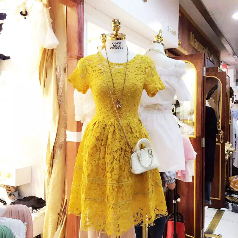 【天天特价】女装夏季甜美黄色短袖蕾丝中长款公主裙蓬蓬裙连衣裙