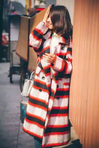 2015秋冬新款女装定制超长款格纹OVERSIZE毛呢大衣 红黑白混色