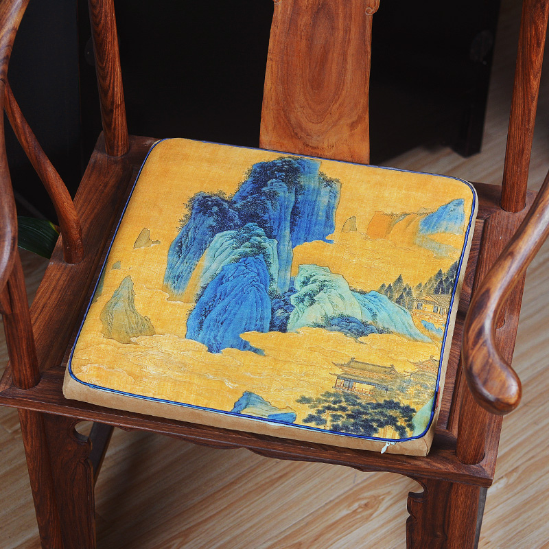 吉祥家 中式山水荷花坐垫椅垫古典中国风实木太师椅餐椅垫子定制
