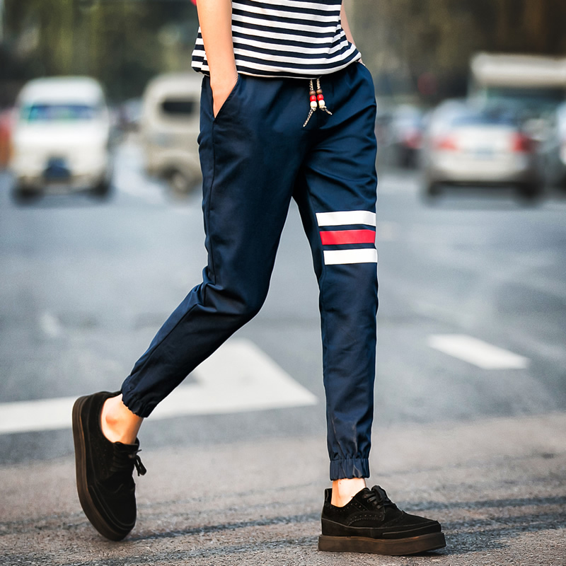 韩版时尚男士修身长裤条纹抽绳系带休闲小脚裤