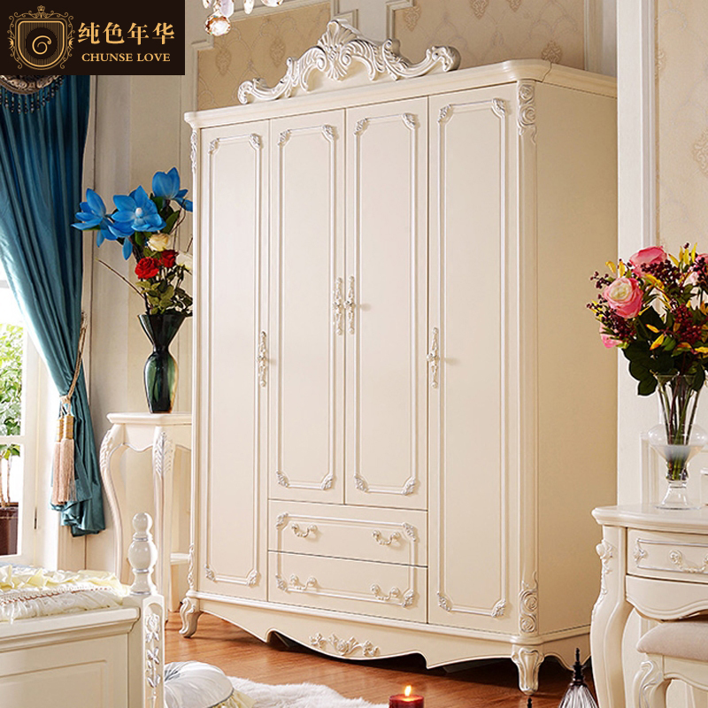 欧式衣柜白色烤漆组装 卧室实木衣橱 简约板式雕花大衣柜四门衣柜