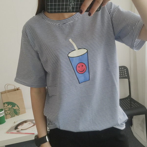 包邮韩国订单可爱减龄饮料杯子细条纹宽松短袖T恤女款