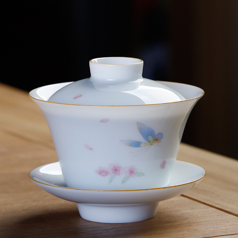 景德镇纯手工陶瓷茶具甜白釉 釉上手绘超薄胎蝴蝶迷你盖碗 泡茶碗