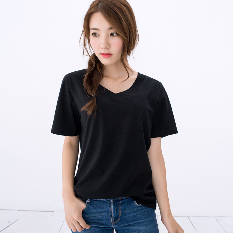 纯色短袖t恤女韩版夏季白色体恤显瘦学生大码黑色上衣V领宽松半袖