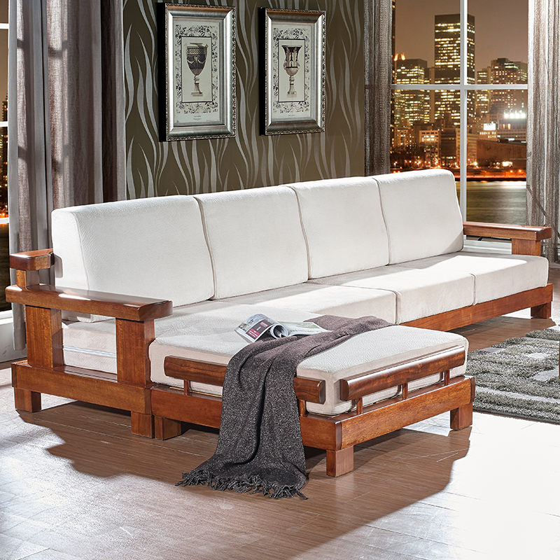 新中式纯胡桃木全实木沙发组合转角贵妃L型客厅家具实木布艺沙发