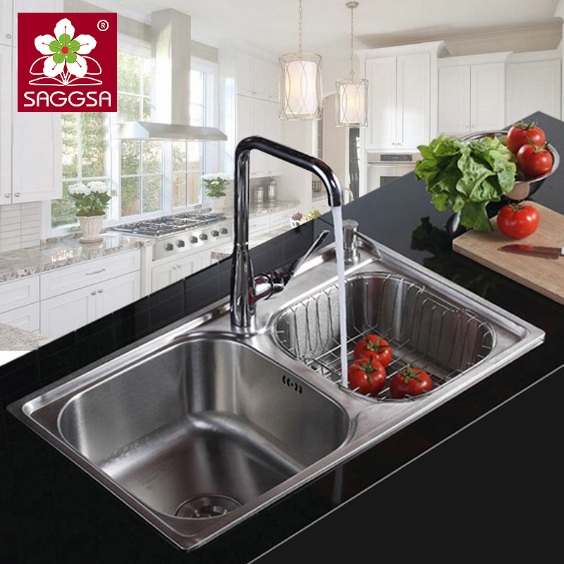 saggsa卫浴厨房不锈钢水槽双槽套餐加厚洗菜盆洗碗盆一体成型拉丝