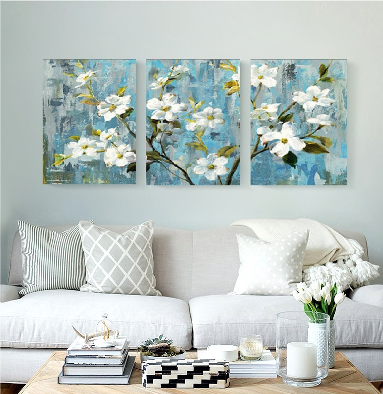 客厅装饰画 现代简欧小清新花卉挂画 沙发背景墙三联画苹果花壁画